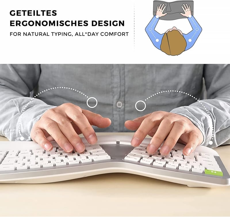 Seenda ergonomikus vezeték nélküli billentyűzet, USB-s, tenyértámasszal, Mac és Windows kompatibilis, német kiosztás, fehér-ezüst