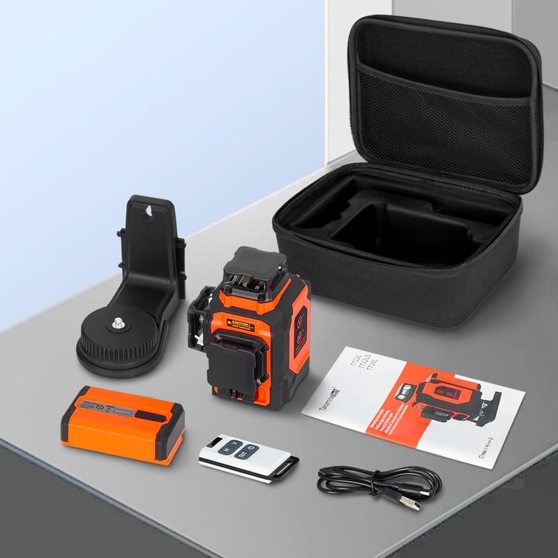 TakamineTech Zöld Keresztvonalas Lézer - 3x360° Önszintező Lézeres Szintező 12 Vonallal, Építkezéshez, 5200 mAh Akkumulátor, Távirányítóval,