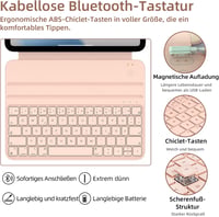 HOU Slim Bluetooth Billentyűzetes Tok iPad 10. és 11. Generációhoz - Műbőr Védőtok QWERTZ Kiosztással, Ergonomikus Állítható Tartóval, Rózsa 11
