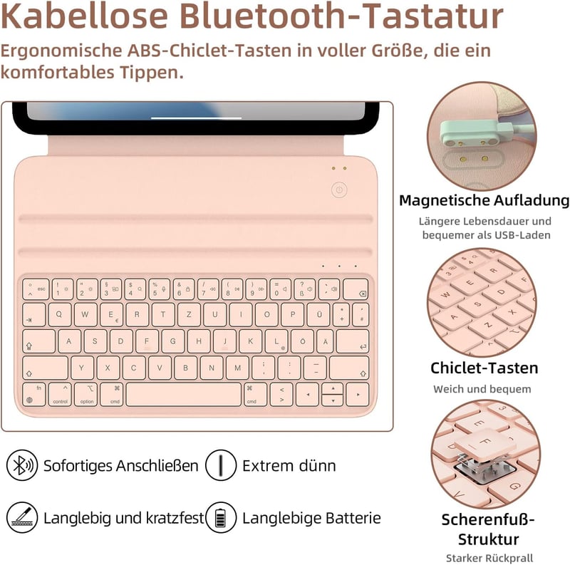 HOU Slim Bluetooth Billentyűzetes Tok iPad 10. és 11. Generációhoz - Műbőr Védőtok QWERTZ Kiosztással, Ergonomikus Állítható Tartóval, Rózsa