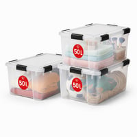 Iris Ohyama AT-L Légmentes Műanyag Tároló Doboz Tetővel, 50 L, 3 db-os Készlet, Átlátszó, Vízálló Csatos Zár, Egymásra Rakható, Porálló 1