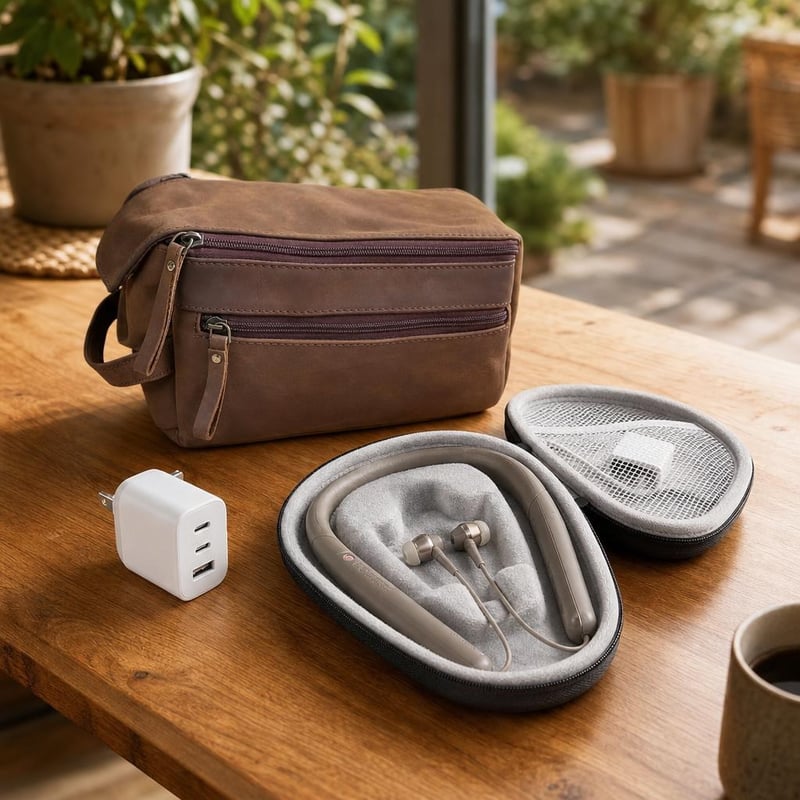 Utazó hangmentő csomag: kemény fülhallgatótok + bőr neszesszer + 70 W USB-C gyorstöltő