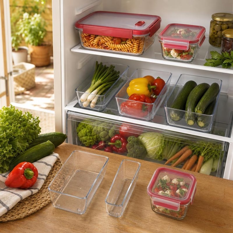 Set za organizaciju hladnjaka: 1x 2,3l posuda + 1x 0,8l staklena posuda + 3x organizator
