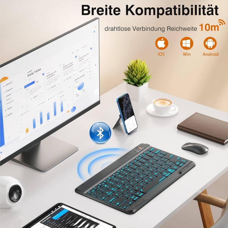 Tumeiguan Háttérvilágítású Bluetooth Billentyűzet - Megnövelt Billentyűkkel, QWERTZ Német Kiosztás, iOS/Android/Windows/Mac Kompatibilis, Ul
