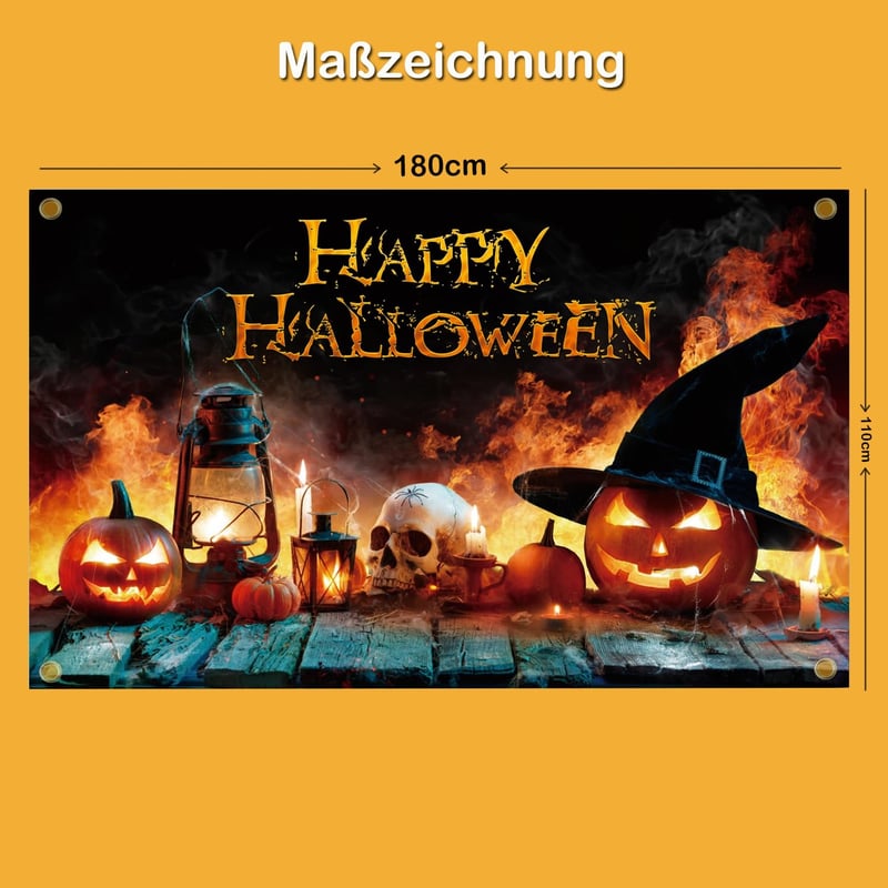 AEESRRU Halloween Dekorációs Molinó - Tök és Szellem Mintás Ajtódísz, Narancssárga-Fekete Háttér, Beltéri-Kültéri Horrordekoráció (180 x 110