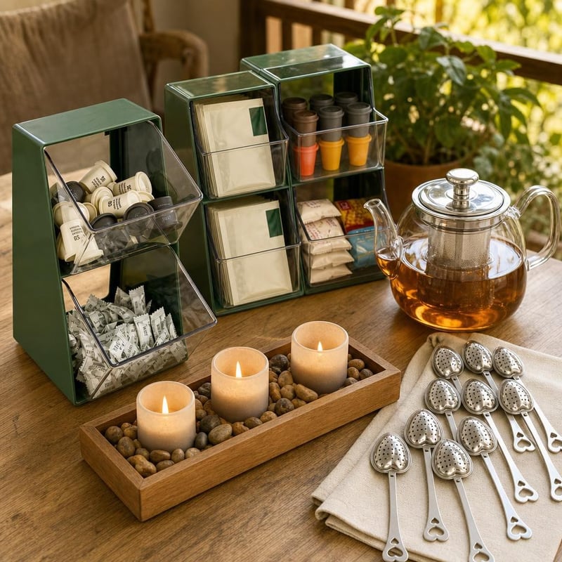 Teadélutáni nyugalomcsomag: 2 szintes teafiók-szervező + 800 ml-es üveg teáskanna + 10 db teaszűrő + 3 db LED
