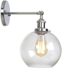 HJXDtech Ipari Vintage Fali Lámpa - Króm Tartókonzol, Átlátszó Üveg Búra, E27 Foglalat, 40W, Vízálló, Gömb Dizájn Fürdőszobába, Folyosóra 1