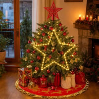 Piros-arany csillogó karácsonyfa: 90 cm szoknya + 32 db gömbdísz + csillag fényfüzér + glitter csúcsdísz 1