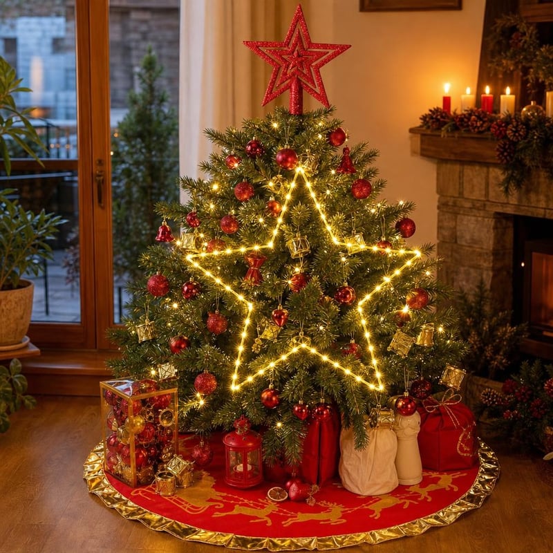 Piros-arany csillogó karácsonyfa: 90 cm szoknya + 32 db gömbdísz + csillag fényfüzér + glitter csúcsdísz