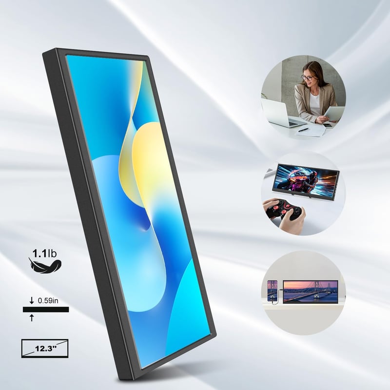 Prechen 12.3" Hordozható Érintőképernyős Monitor - 1920x720 IPS Kijelző, HDMI/USB-C, CPU/GPU Monitorozás, Laptop Kiegészítő