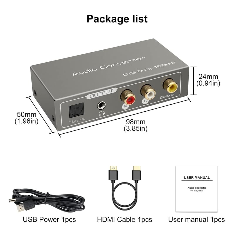VEDINDUST HDMI ARC Adapter - Digitális-Analóg Audio Konverter SPDIF Koaxiális Optikai RCA Kimenettel, 3.5mm Jack, TV Hangkivezetés Erősítőhö