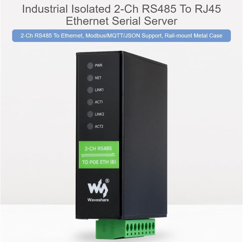 Waveshare 2-CH RS485 Ethernet Konverter Modul POE Funkcióval - Ipari Sínre Szerelhető Izolált Soros Szerver Modbus/MQTT Támogatással