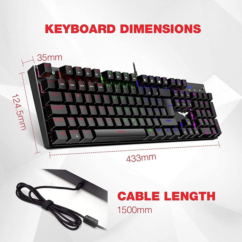Havit mechanikus gamer billentyűzet, QWERTZ, piros kapcsolók, LED világítás