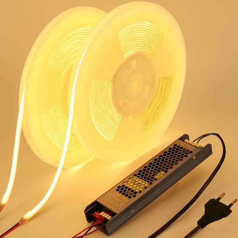 BENLUN 24V COB LED Szalag 20m, 3000K Meleg Fehér, IP65 Vízálló Szilikon, Kültéri-Beltéri Világítás, 11W/M, CRI93, Tápegységgel, Lakásdekorác