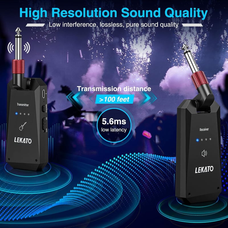 LEKATO WS-90 Vezeték Nélküli Gitár Rendszer 5.8GHz - Gitár és Basszus Adó-Vevő Szett, Beépített Akkumulátorral