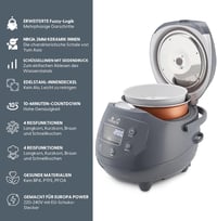 Yum Asia Panda Mini rizsfőző Ninja kerámia edénnyel, 0,63L kapacitás, 8 főzési program, fuzzy logic technológia, 350W, kobalt szürke 3