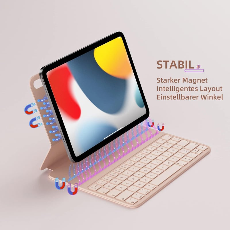 HOU Slim Bluetooth Billentyűzetes Tok iPad 10. és 11. Generációhoz - Műbőr Védőtok QWERTZ Kiosztással, Ergonomikus Állítható Tartóval, Rózsa