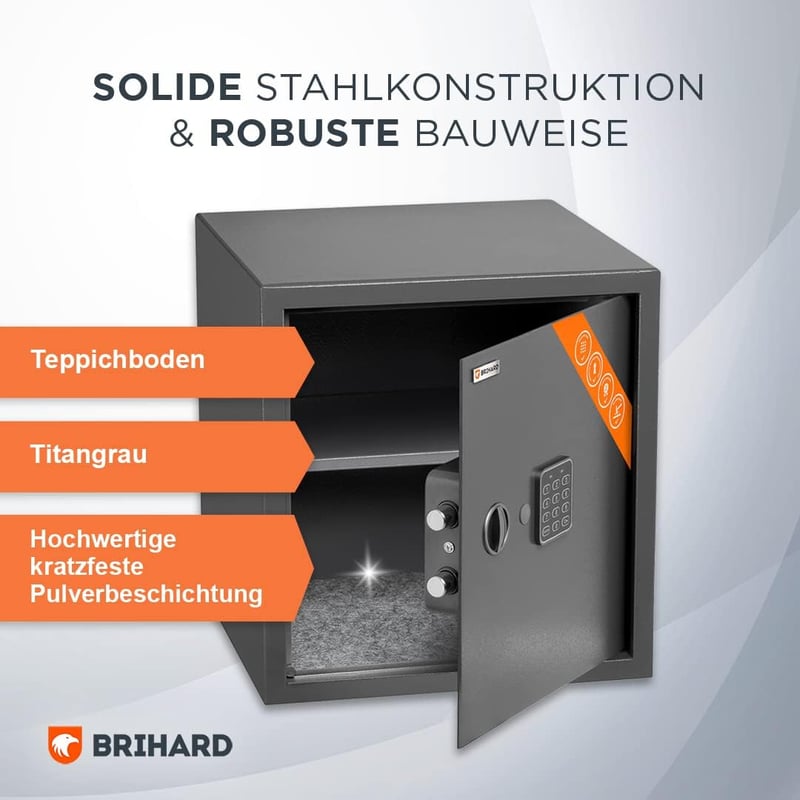 Brihard Business EL Elektronikus Széf - 57 Literes Acél Páncélszekrény, Titán Szürke, Digitális Zár, LED Kijelző, Fali és Padló Rögzítés