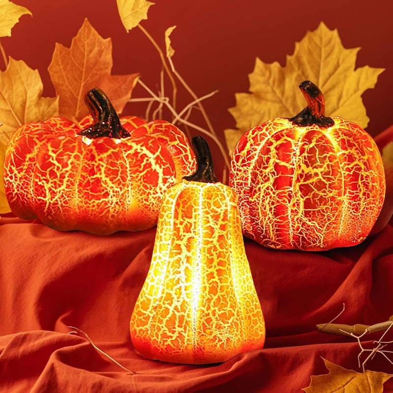 Sunshine smile LED Világító Tök Dekoráció Szett - 3 db Halloween Töklámpás, Őszi Dekoráció, Kézzel Készített Gyanta Töklámpás Narancs Fénnye