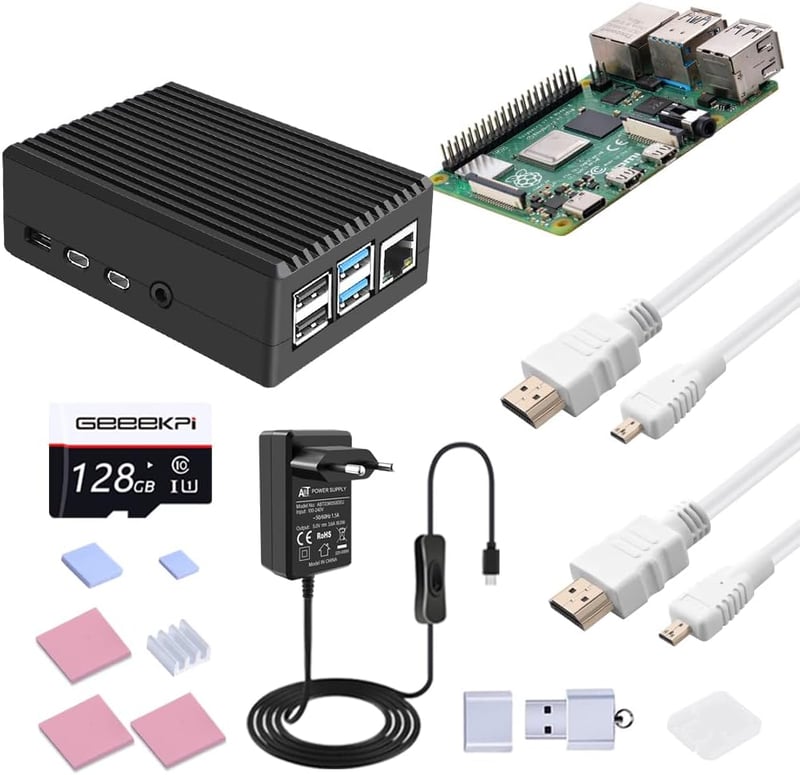 GeeekPi Raspberry Pi 4 Kezdőkészlet 8GB RAM, 128GB SD Kártyával, Passzív Hűtésű Alumínium Házzal, 5V 3.6A Tápegységgel és 2db 4K HDMI Kábell