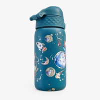 Termos pentru copii ion8 din oțel inoxidabil, 320 ml, cu model de astronauți, etanș, cu deschidere cu o singură mână — utilizat, cu modelul puternic uzat 1