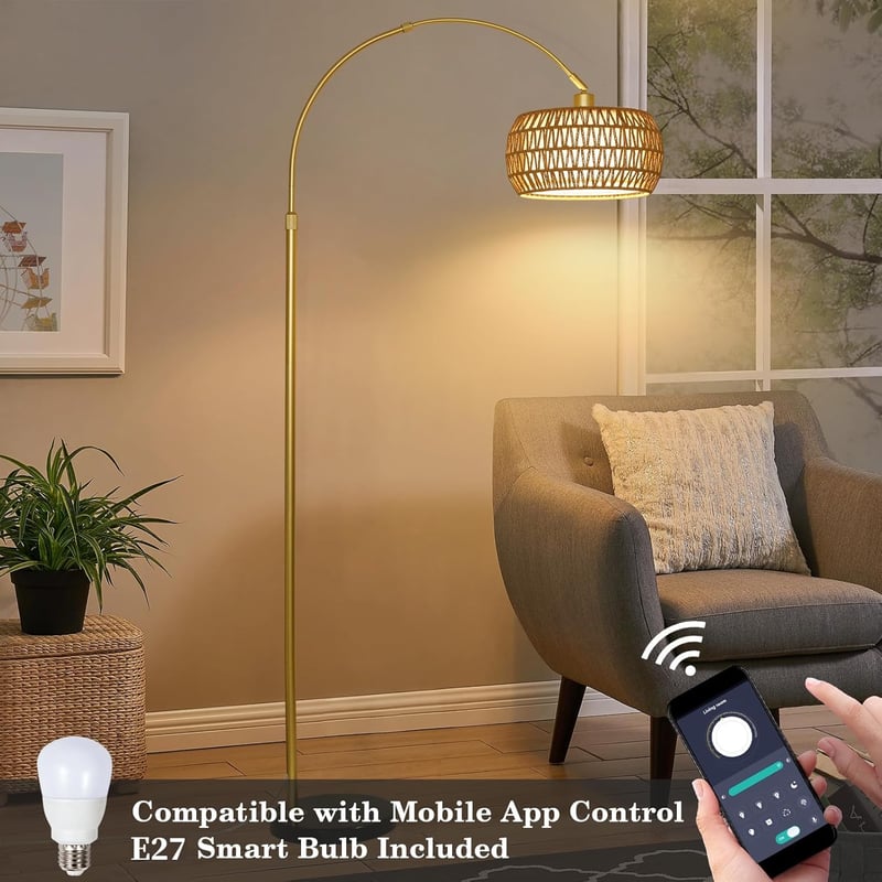 Rayofly Arany Ívelt Állólámpa Rattan Lámpaernyővel - Modern Boho Padlólámpa Távirányítóval, LED Izzóval, Alkalmazásvezérléssel, Fényerőszabá