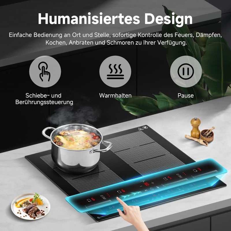 AMZCHEF 60 cm-es Indukciós Főzőlap 2 Flex Zónával, 4 Főzőmezős, 9 Teljesítményszint + Booster, BBQ és Melegen Tartó Funkcióval, 7400W