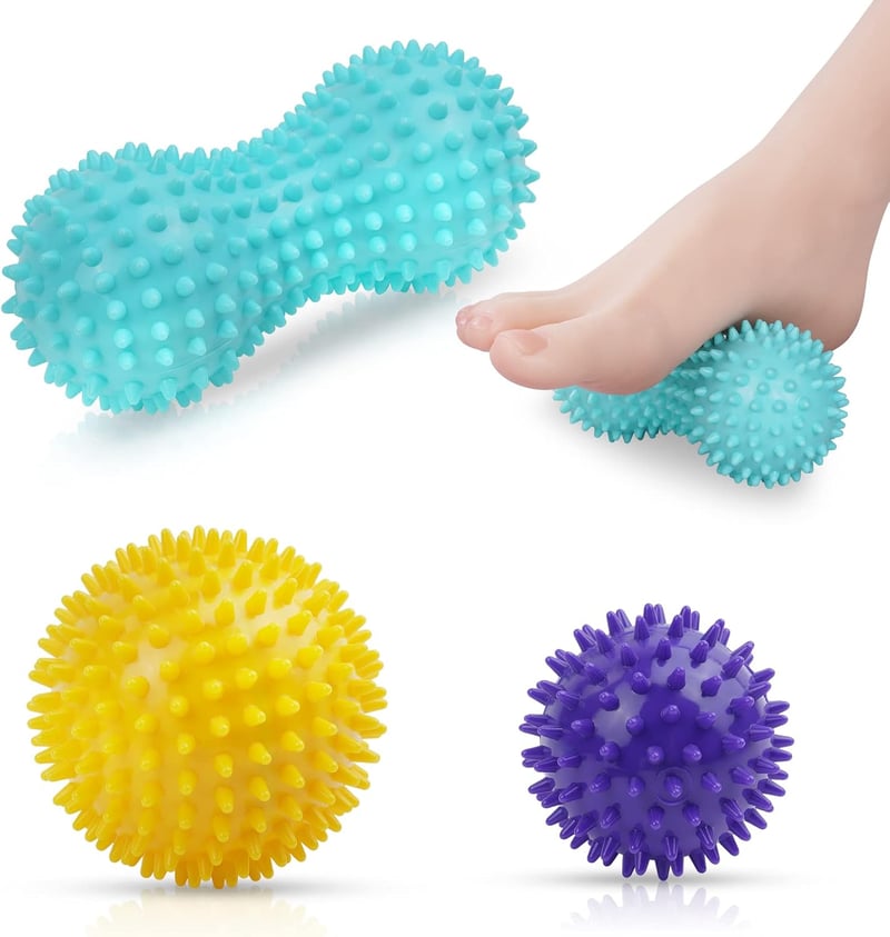 URAQT 3 db-os tüskés masszázslabda szett - Talp, kéz és nyak fájdalomcsillapításra - 3 Pack - Light Blue + Purple + Yellow