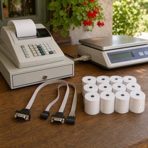 Komplet za blagajnu: DB9-IDC serijski kabel + 2x RS232 konektor + 10 rola termalnog papira