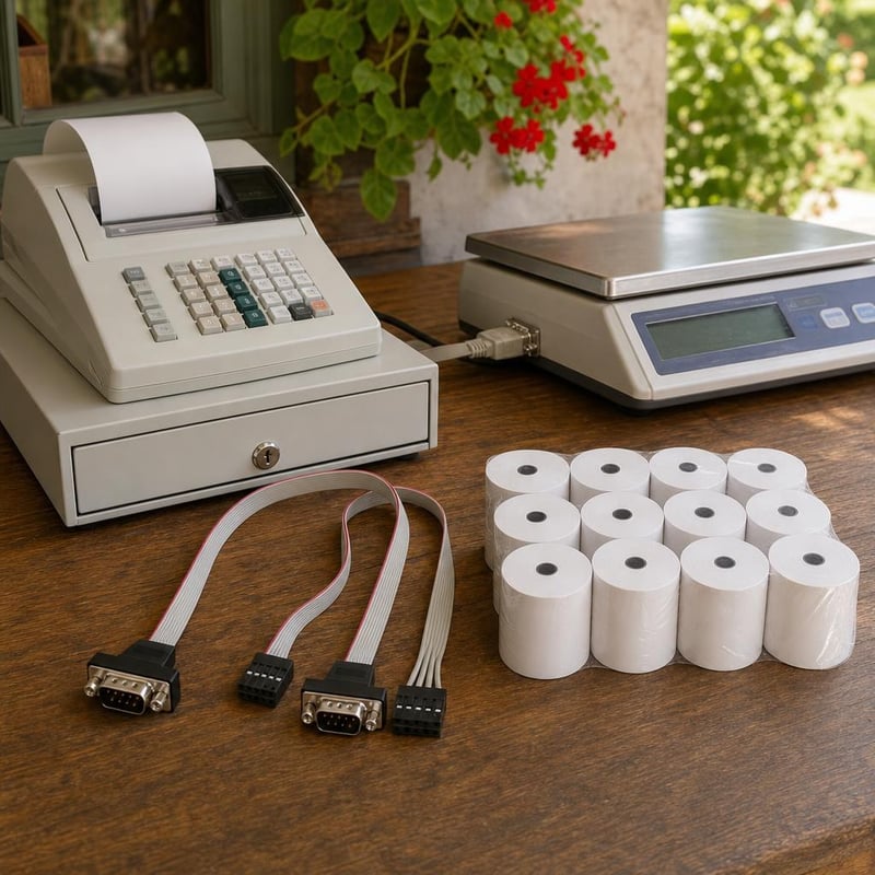 Komplet za blagajnu: DB9-IDC serijski kabel + 2x RS232 konektor + 10 rola termalnog papira