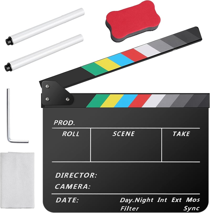 Temery Professzionális Filmklapk 30x25 cm - Akril Csapó Tábla Filmezéshez, Mágnessel, Tisztító Készlettel, Fekete Hollywood Stílusú Videó Ke