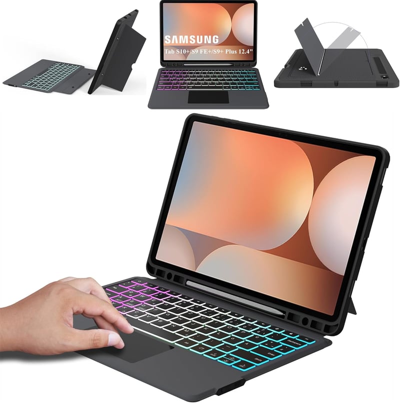 ROOFEI Bluetooth Billentyűzetes Tok Samsung Galaxy Tab S9 FE+/S9+/S10+ 12,4" Tablethez - Levehető RGB Háttérvilágítású QWERTZ Billentyűzet T