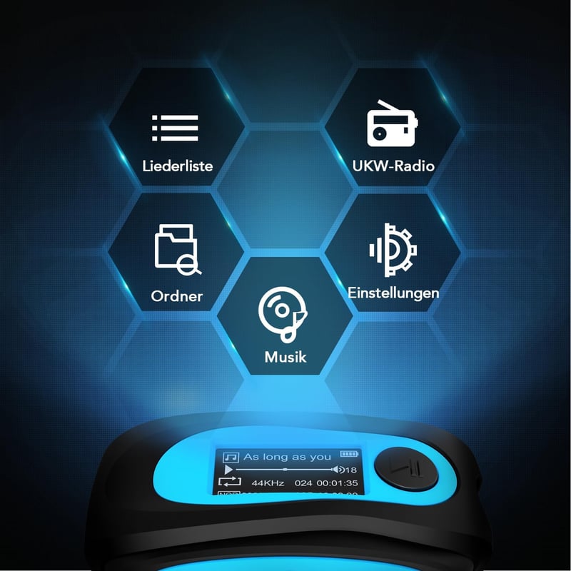 AGPTEK Bluetooth Mini Clip MP3 Lejátszó - Hordozható Zenelejátszó FM Rádióval, 64GB Micro SD Kártyával, Sportoláshoz Ideális - black