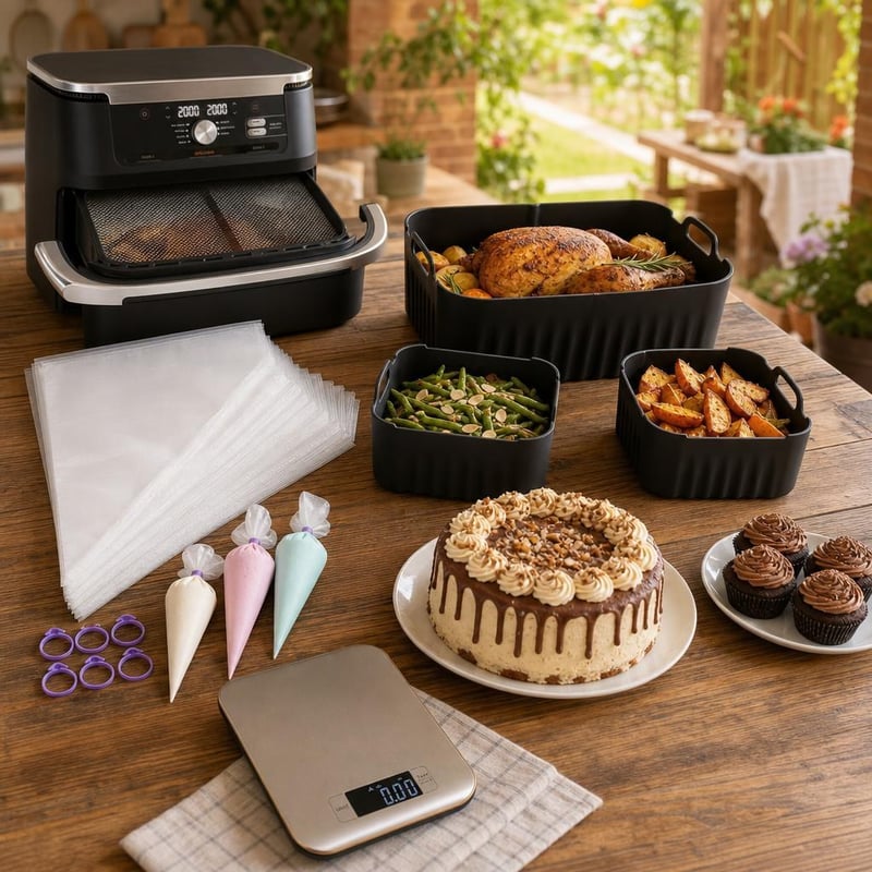 Set Accesorii Airfryer: protecție stropire + 3 forme silicon (10,4L/5,2L) + 100 poșuri