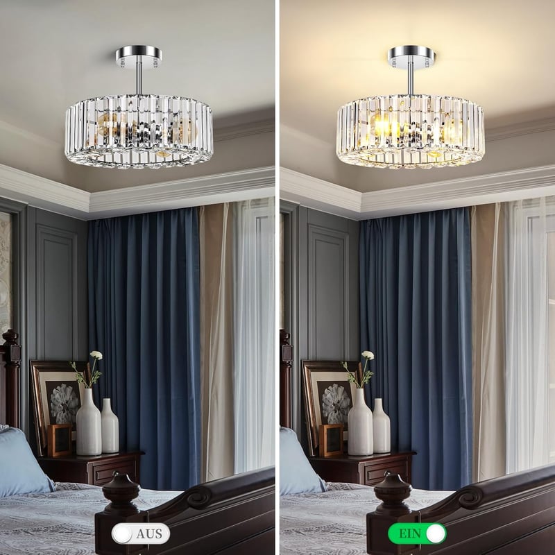FRIDEKO HOME Modern Kristály Mennyezeti Lámpa - Króm, 4 Izzós, Kerek Csillár, 37 cm Átmérő, E27 Foglalattal Hálószobába, Nappaliba, Konyhába