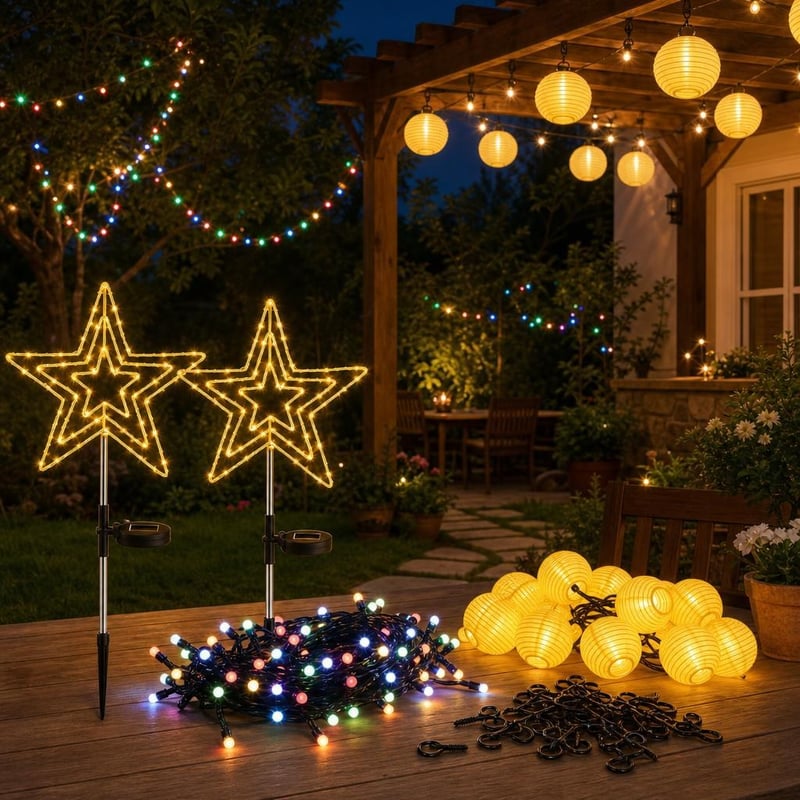 Csillaghullás a kertben: 2 db napelemes csillaglámpa + 21 m LED fényfüzér + 30 db lampionfény + 25 db akasztó