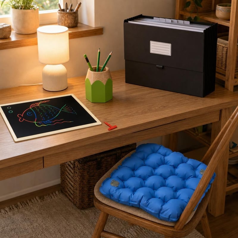 Študijný set Leckekuckó: tabuľa + lampa + stojan na perá + zakladač A4 (13 priehradiek) + vankúš