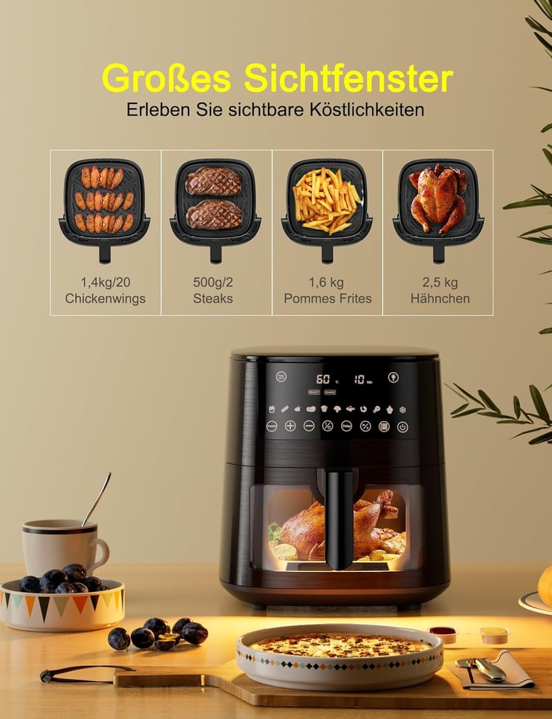 Cookwise 7,2L Forrólevegős Sütő Betekintő Ablakkal - 13 az 1-ben XXL Airfryer Előmelegítés, Melegen Tartás és Kiolvasztás Funkcióval, Olajme