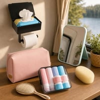 Set voiaj: geantă cosmetice + 8 recipiente + perie păr + oglindă + suport hârtie igienică 1
