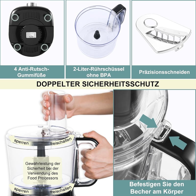 TopStrong 800W Konyhai Robotgép 2L Kapacitással - Fekete Aprító, Dagasztó Multifunkciós Készülék 3 Sebességfokozattal és Pulzálással