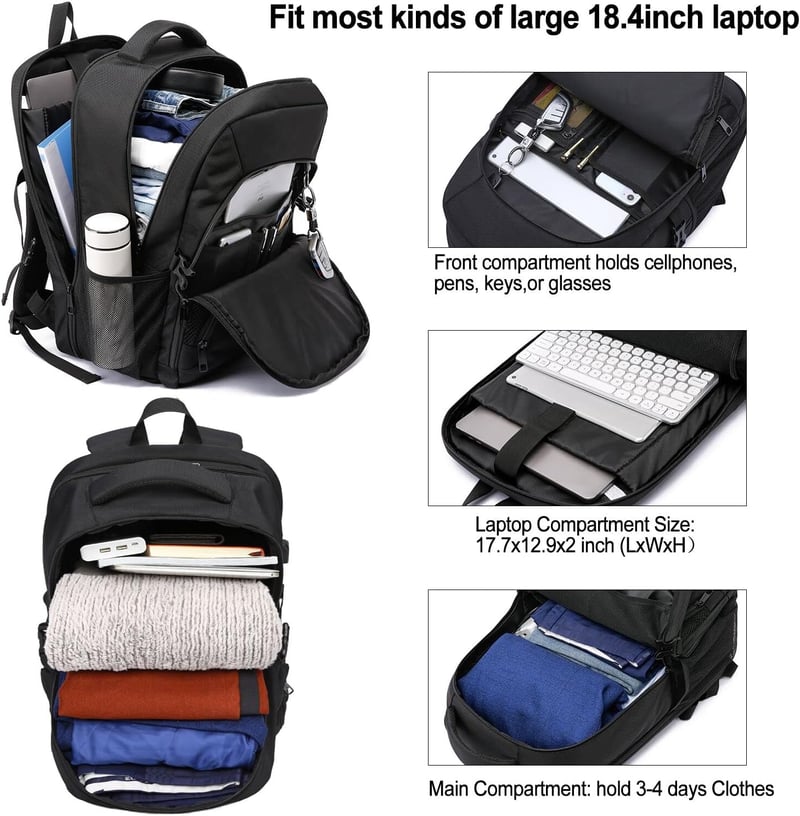 LIWAG 55L Extra Nagy Hátizsák 18,4" Laptophoz - Vízálló, Lopásbiztos Utazótáska USB Töltőporttal, Több Rekesszel, Fekete
