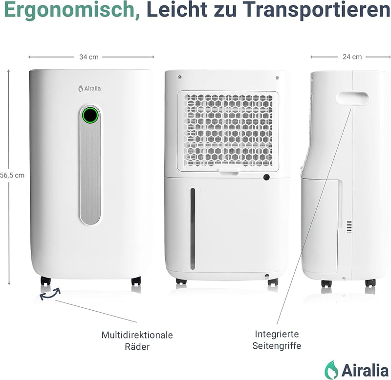 Airalia AIR-DH20 Elektromos Párátlanító 20L/nap - 6,5L Tartály, Tömlős Vízelvezetés, 195m³/óra Légáramlás, 40m² Helyiségekhez