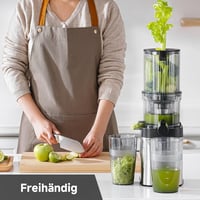 AMZCHEF Slow Juicer - 120 mm Széles Adagolónyílás Egész Gyümölcsökhöz - Gyorsan Tisztítható Gyümölcsprés 2 Pohárral - Ezüst 4