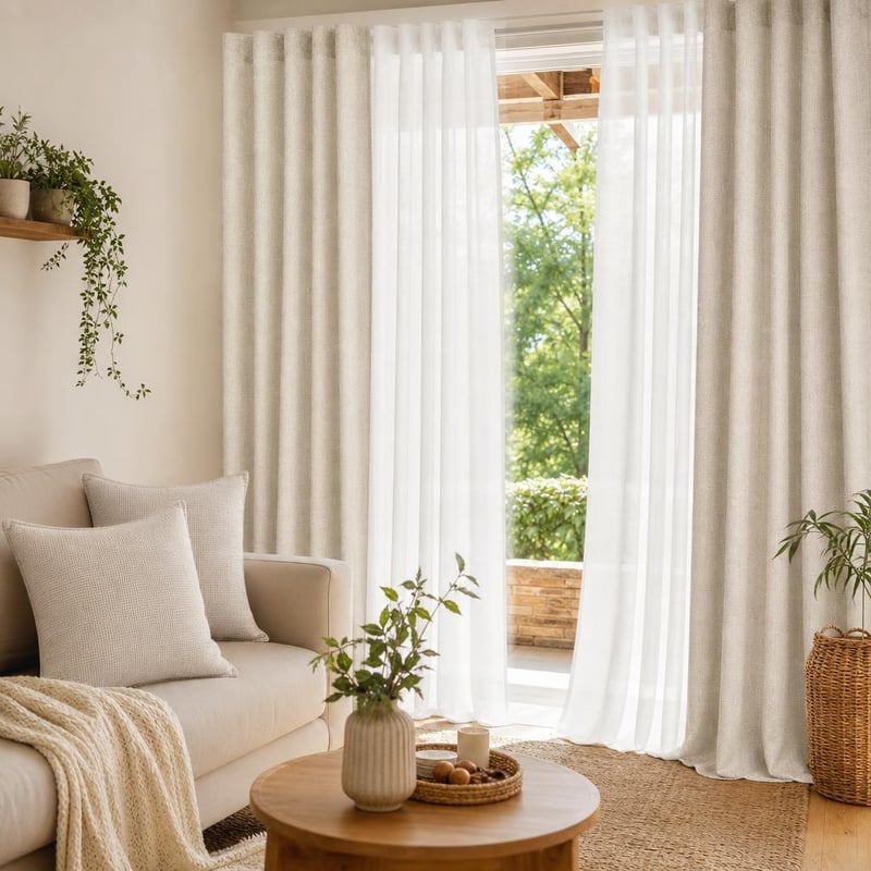 Záclonový set Dream Room: 2x biely záves + 2x béžový zatemňovací záves + 2x ľanová obliečka na vankúš