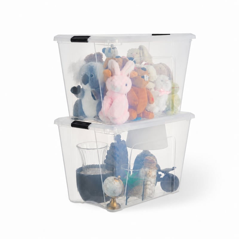 Cutie de Depozitare Transparentă cu Capac Iris Ohyama BSB-55 55L – Set de 2 bucăți (Set Parțial), Stivuibilă, cu Mânere, Plastic fără BPA