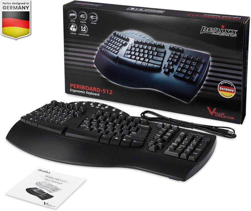 Perixx PERIBOARD-512 Nagy Méretű Ergonomikus Vezetékes USB Billentyűzet Windows Rendszerhez - Fekete, AZERTY, 7 Multimédia Gombbal