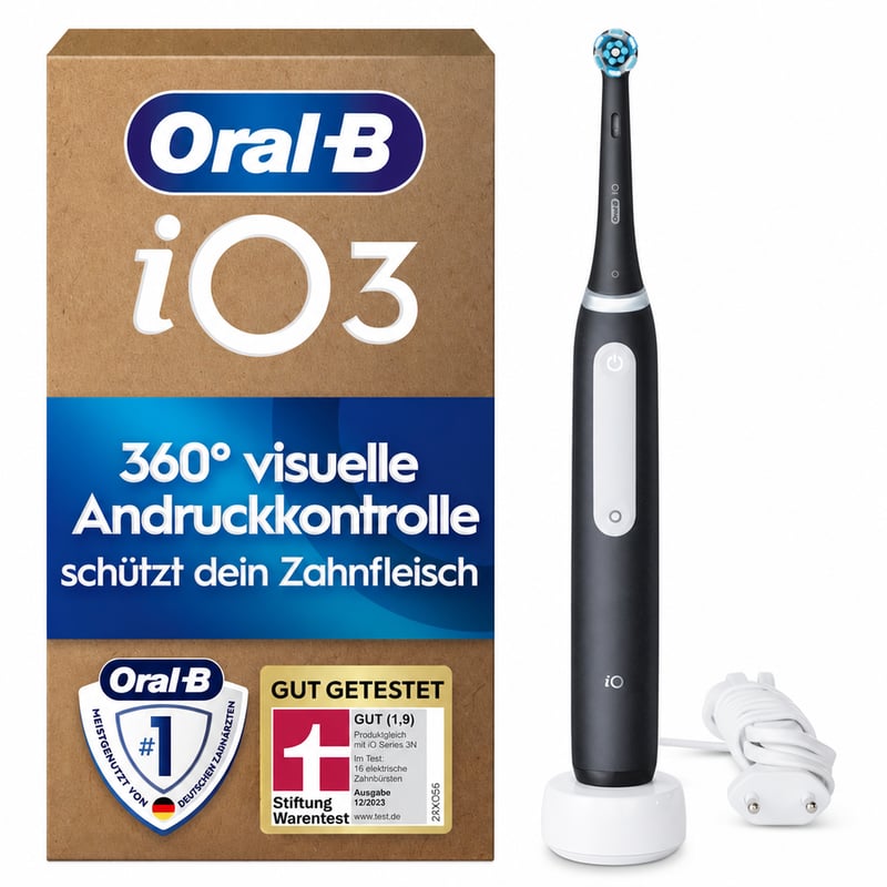 Periuță de dinți electrică Oral-B iO Series 3 Negru, tehnologie rotativă-oscilantă, protecție pentru gingii — set de accesorii incomplet (stare: vezi a 2-a imagine)