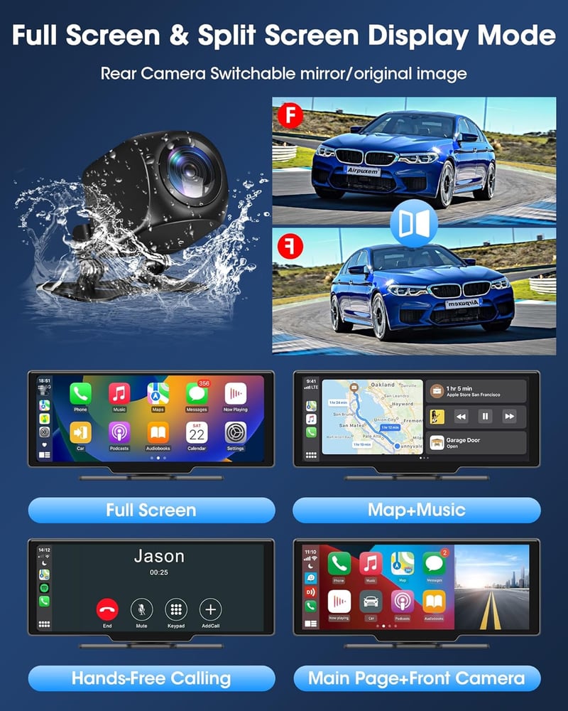 Driveplay 10,26" Vezeték Nélküli Carplay Autós Kijelző 2,5K Fedélzeti Kamerával - Tükrözés, Dupla Bluetooth 5.0, Siri/Google Támogatás, 64GB