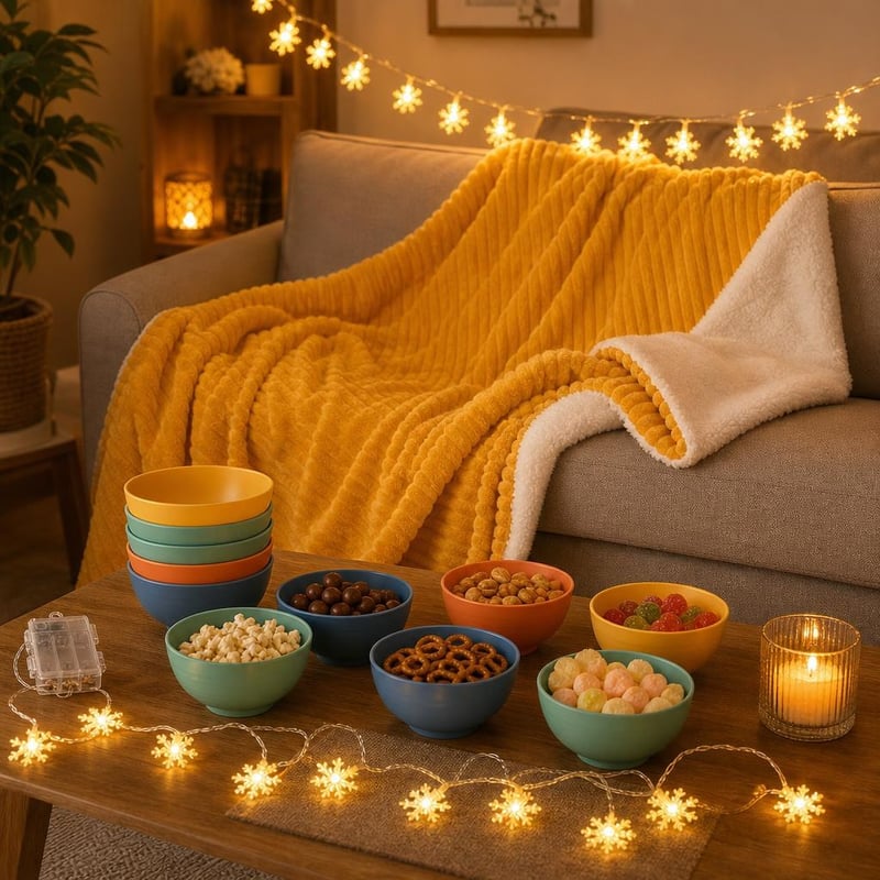 Moziölelés filmestés csomag: puha pléd + 8 db snacktálka + LED fényfüzér