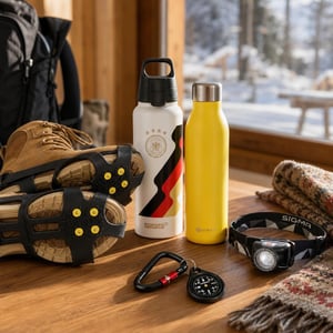 Zimski paket za planinarenje: dereze + boca 1L + termosica 500ml + čeona lampa + kompas + 2 karabinera